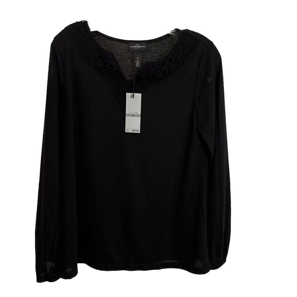 M Karen Brooks Black Woman Blouse V-Neck With Lace Long Sleeve 100% Polyester